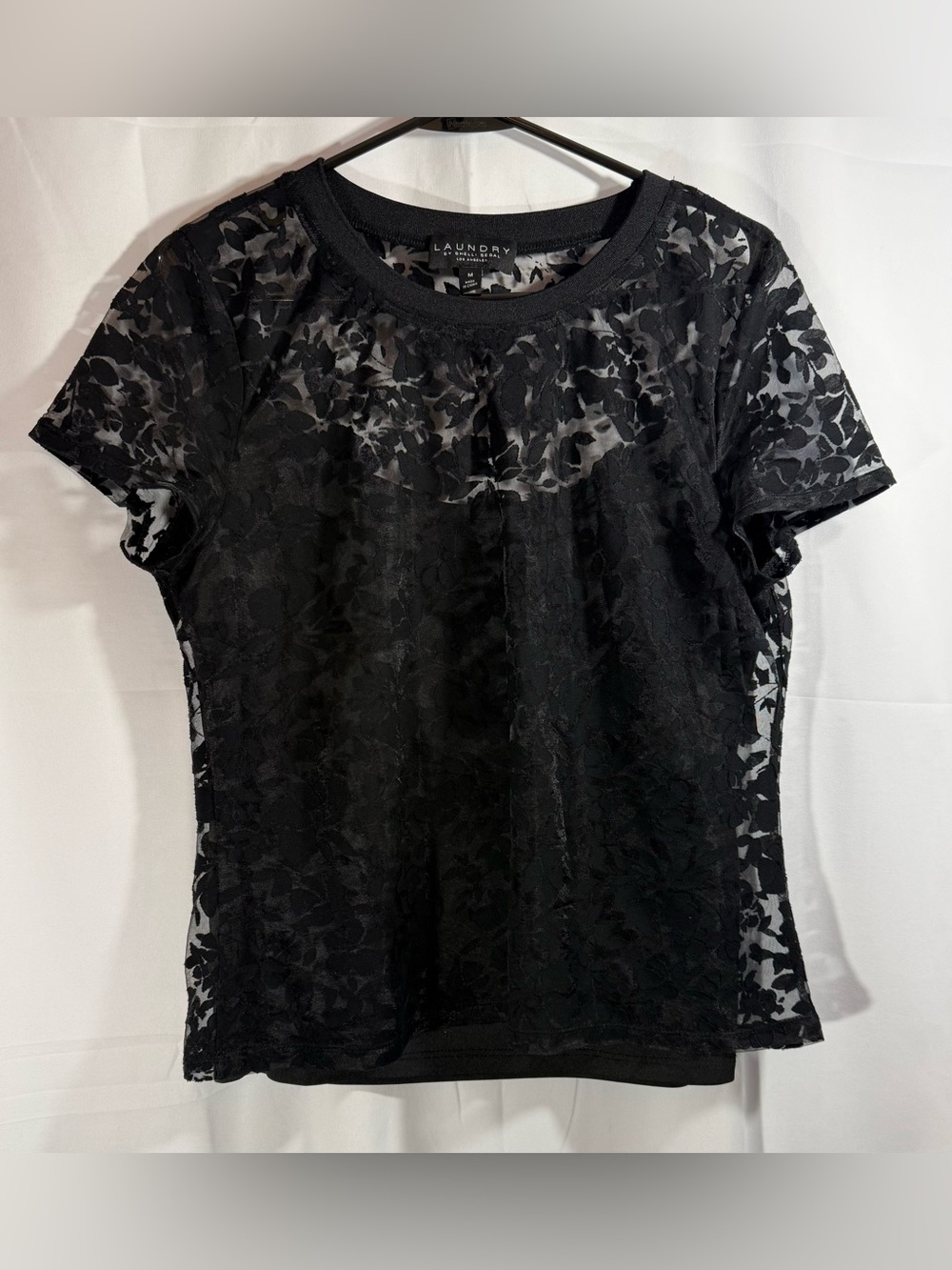 Laundry By Shelli Segal Black Sheer Floral Lace Short Sleeve Top Size Medium